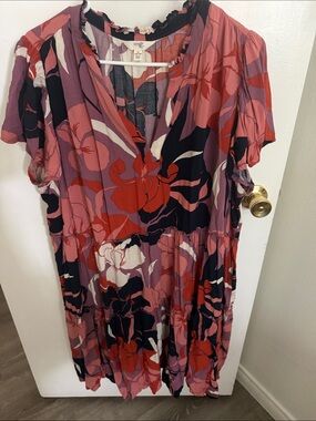 Terra & Sky Floral Tiered V-Neck Dress in Red, Purple, Black, Cream